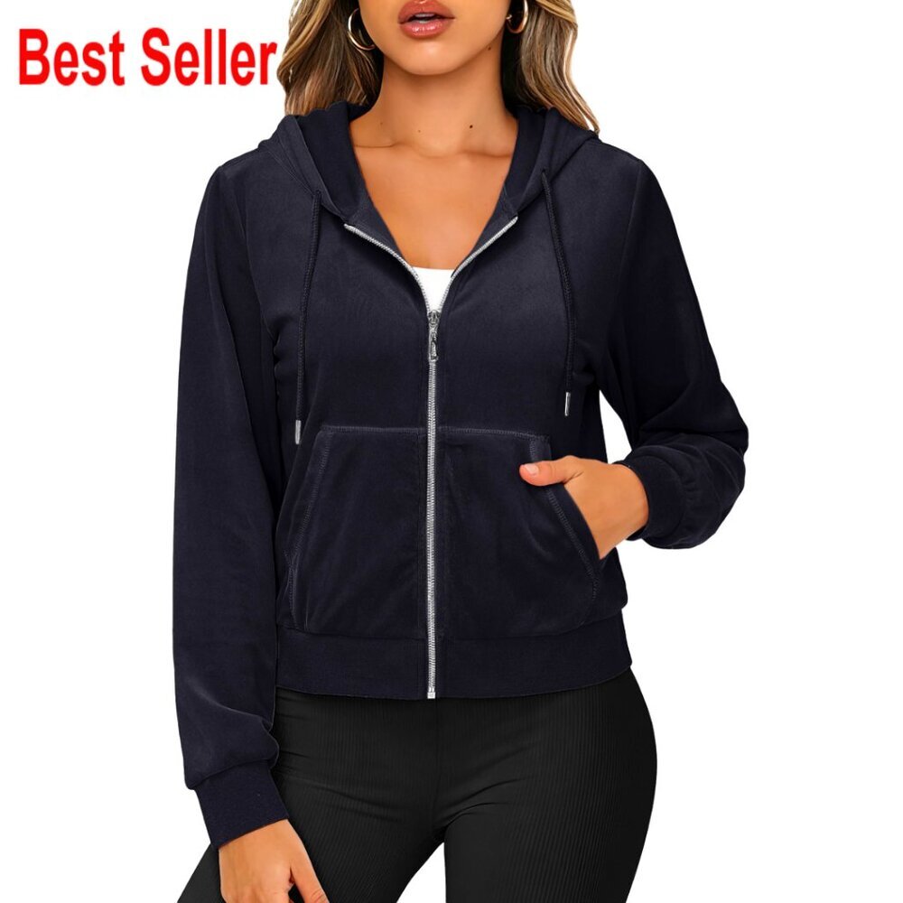 Velour Cropped Zip Hoodie with Pockets, Soft Fleece, Drawstring, Fall Winter